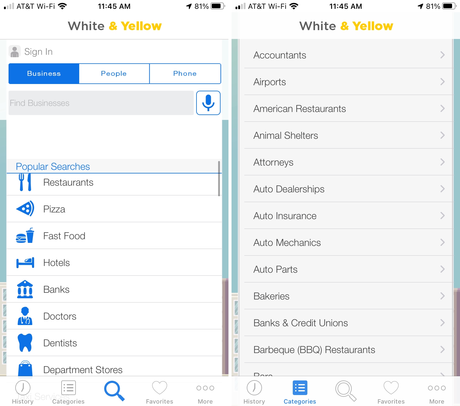 White and Yellow Pages Main Screens on iPhone