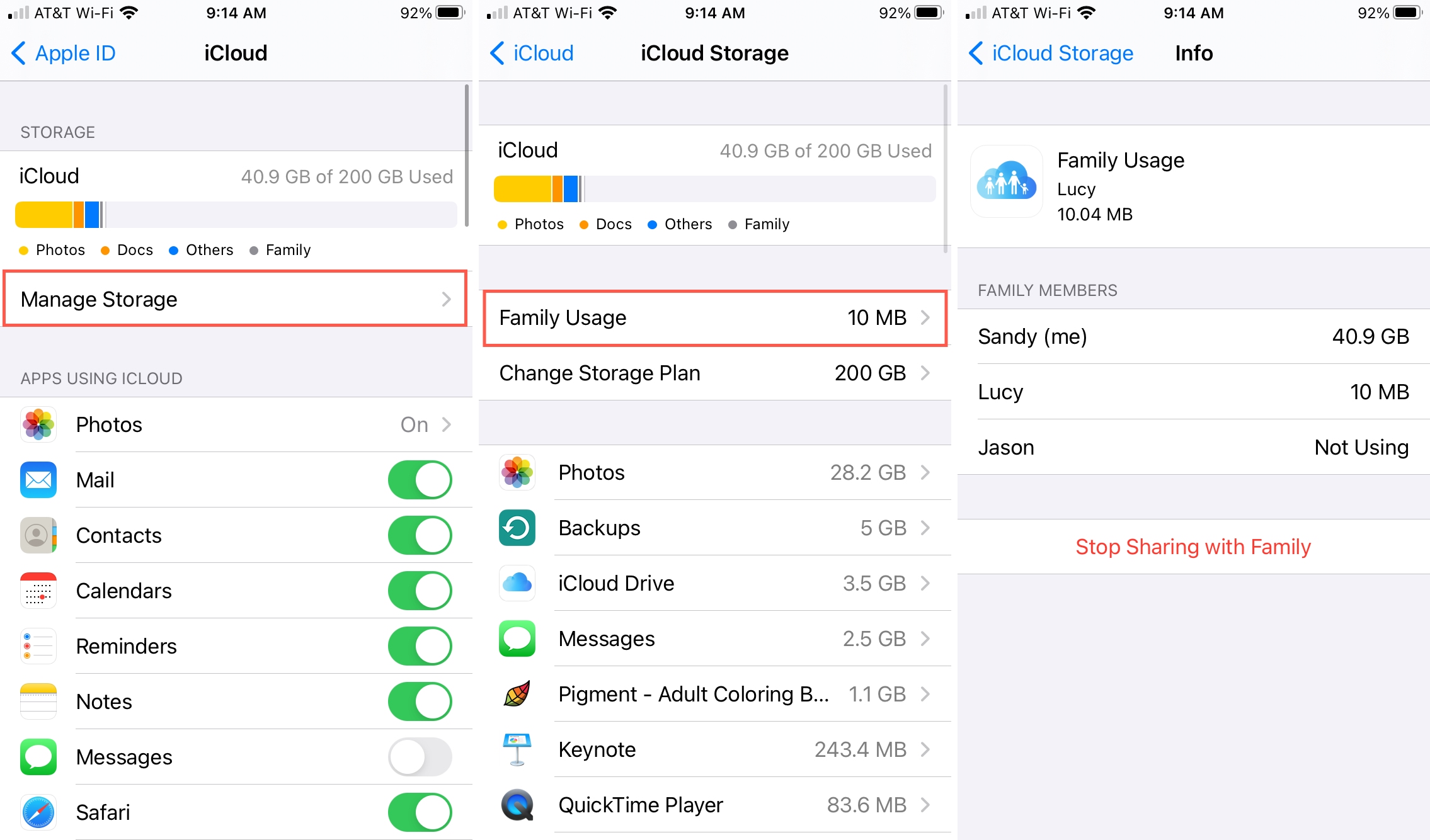 iCloud Manage Storage for Family Usage on iPhone