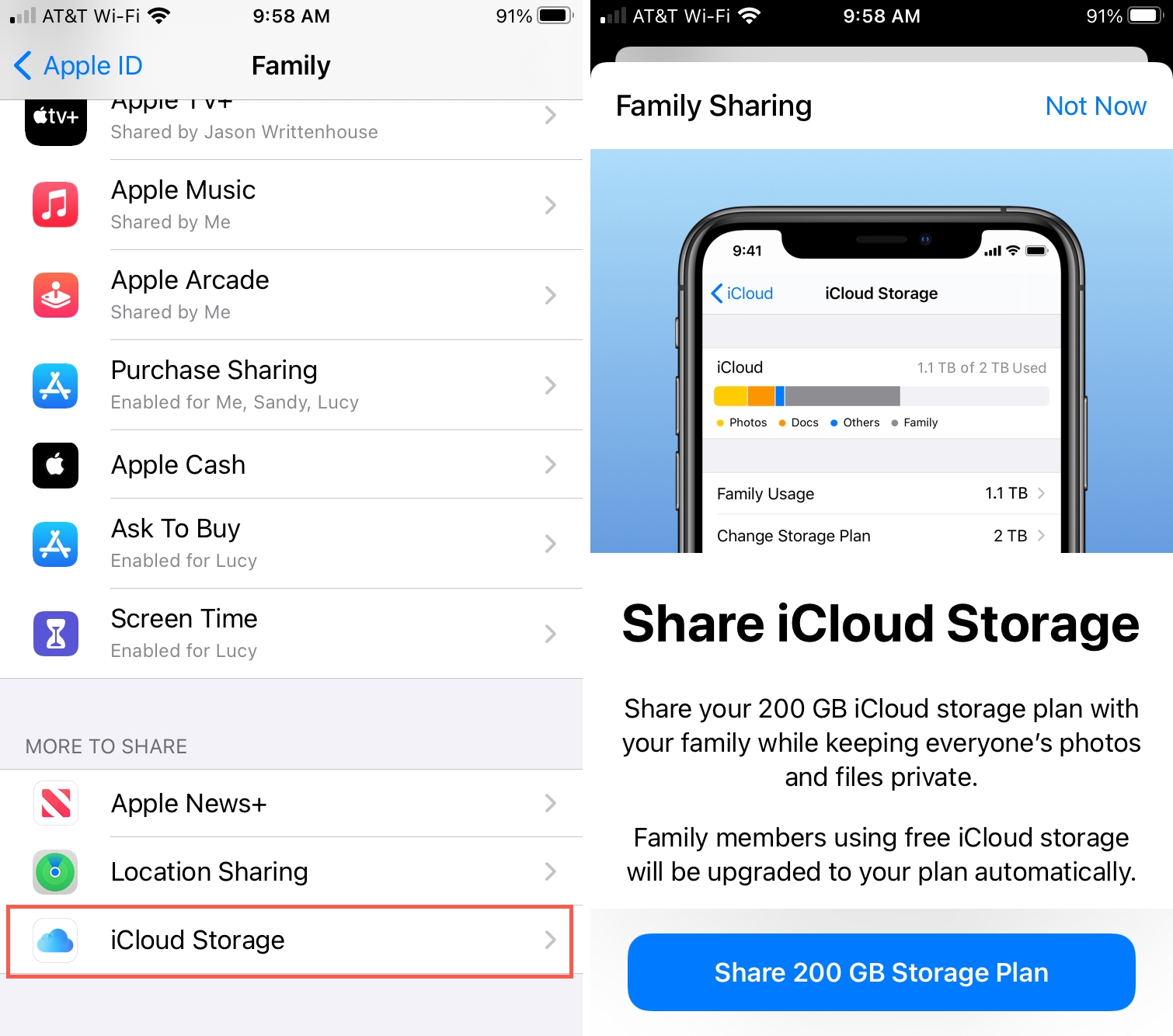 iCloud Storage then Share Apple One Plan