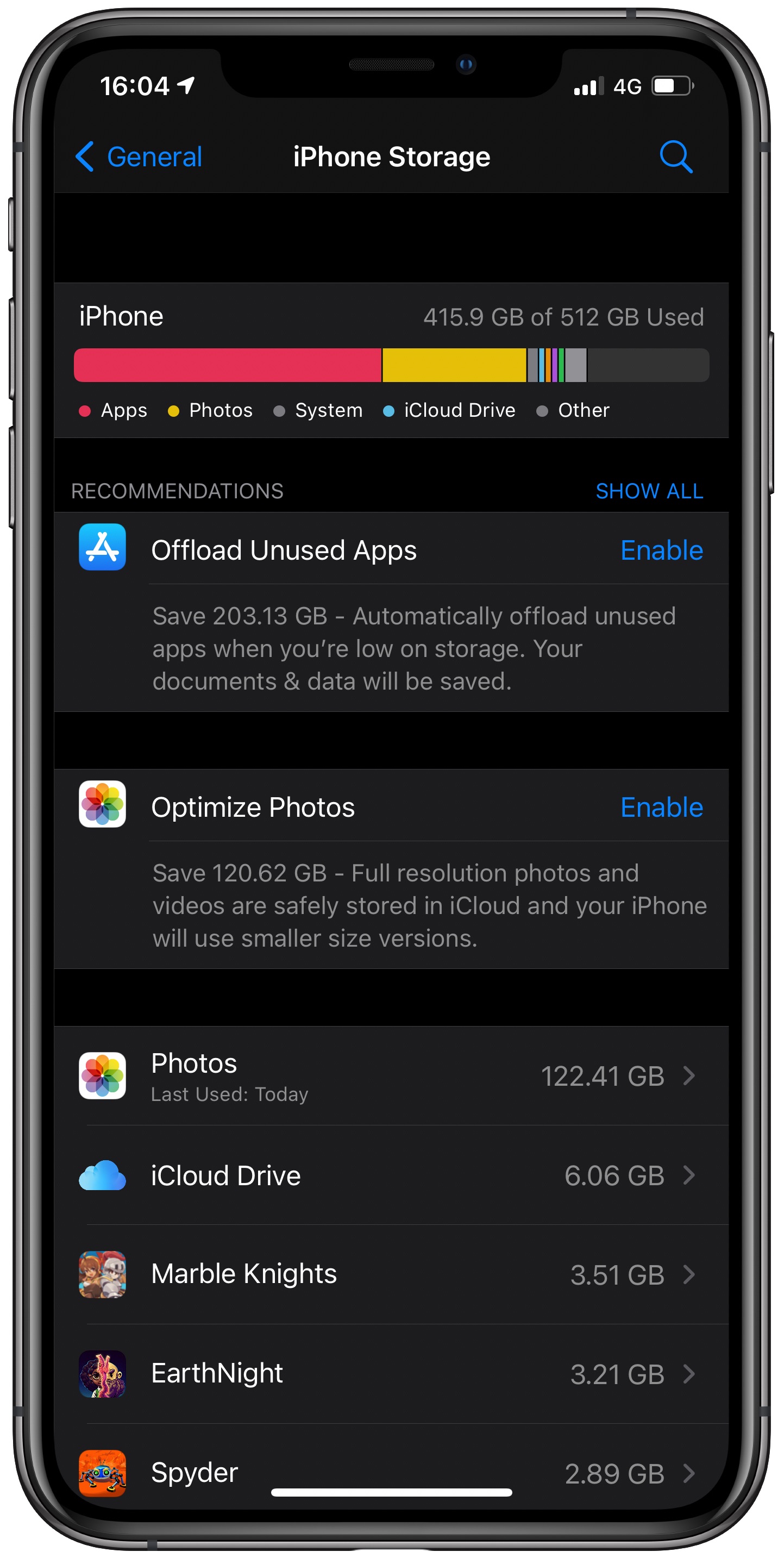 iPhone screenshot showing the storage section in Settings