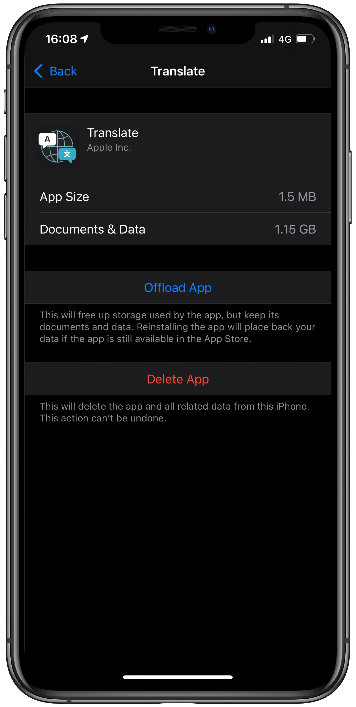 iPhone storage section - Translate app details