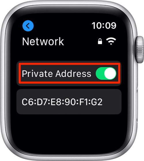 private Wi-Fi addresses - an Apple Watch screenshot showing the setting enabled