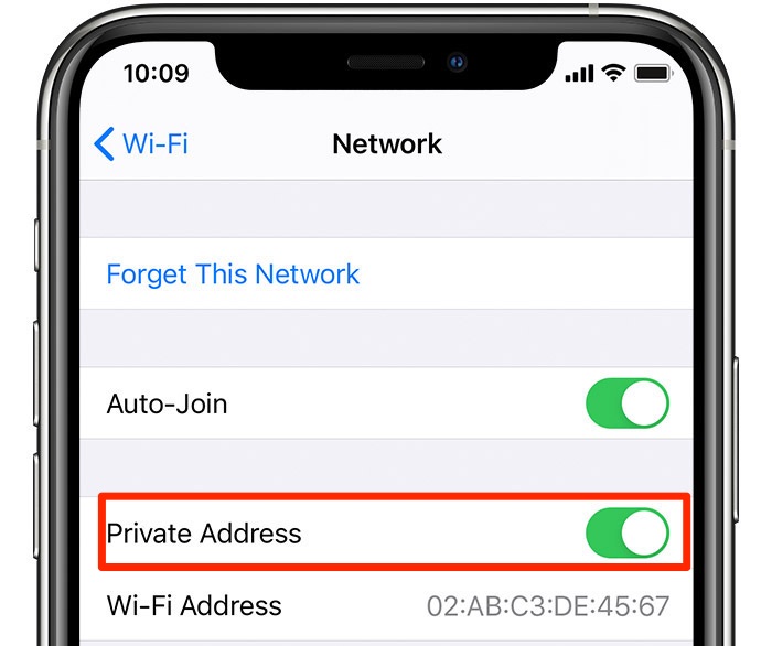private Wi-Fi addresses - an iPhone screenshot showing the setting enabled