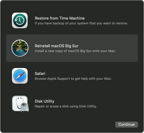 clean install macOS 11 Big Sur - The Reinstall macOS Big Sur option in macOS Recovery