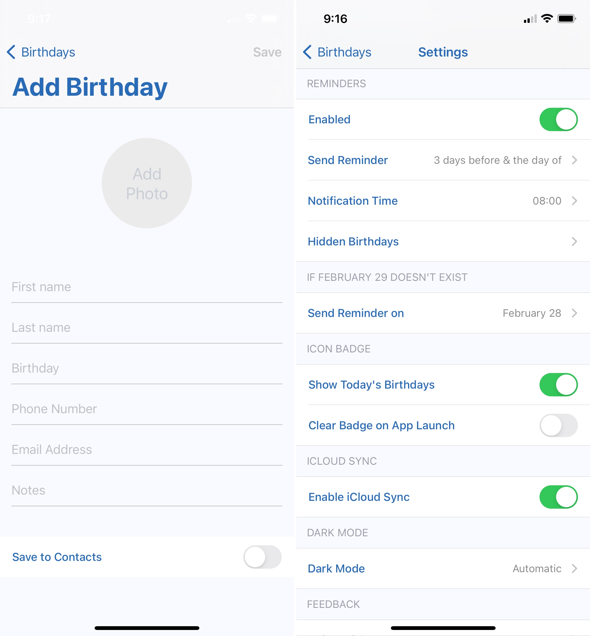 Birthday Reminder and Countdown Settings and Add