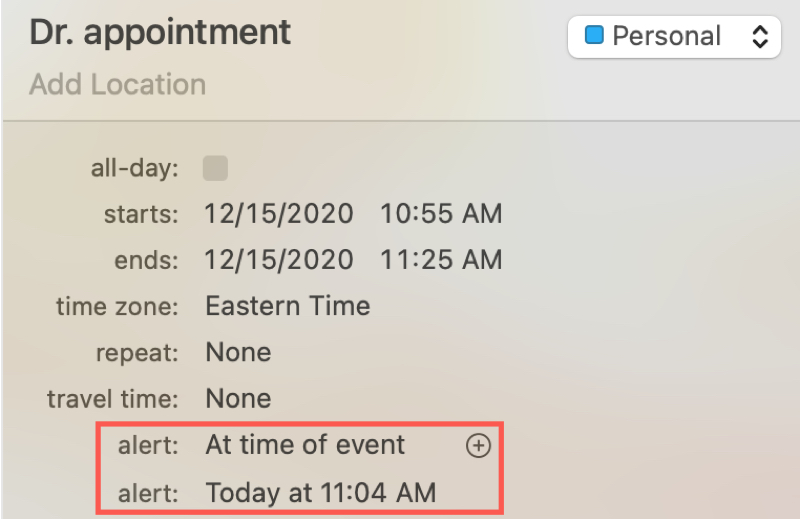 Calendar Event Alert Time Options on Mac