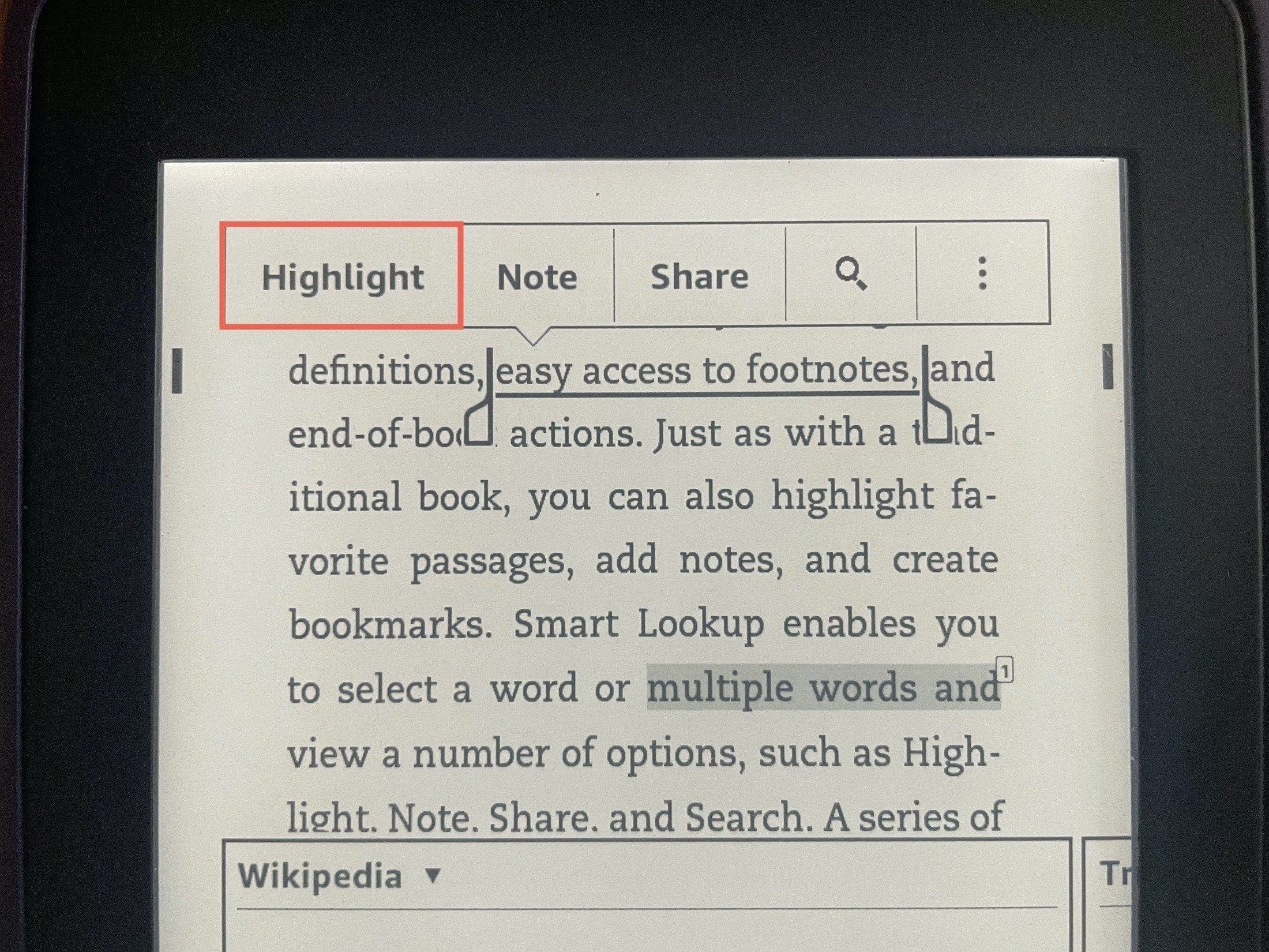Highlight in Toolbar on Kindle Paperwhite