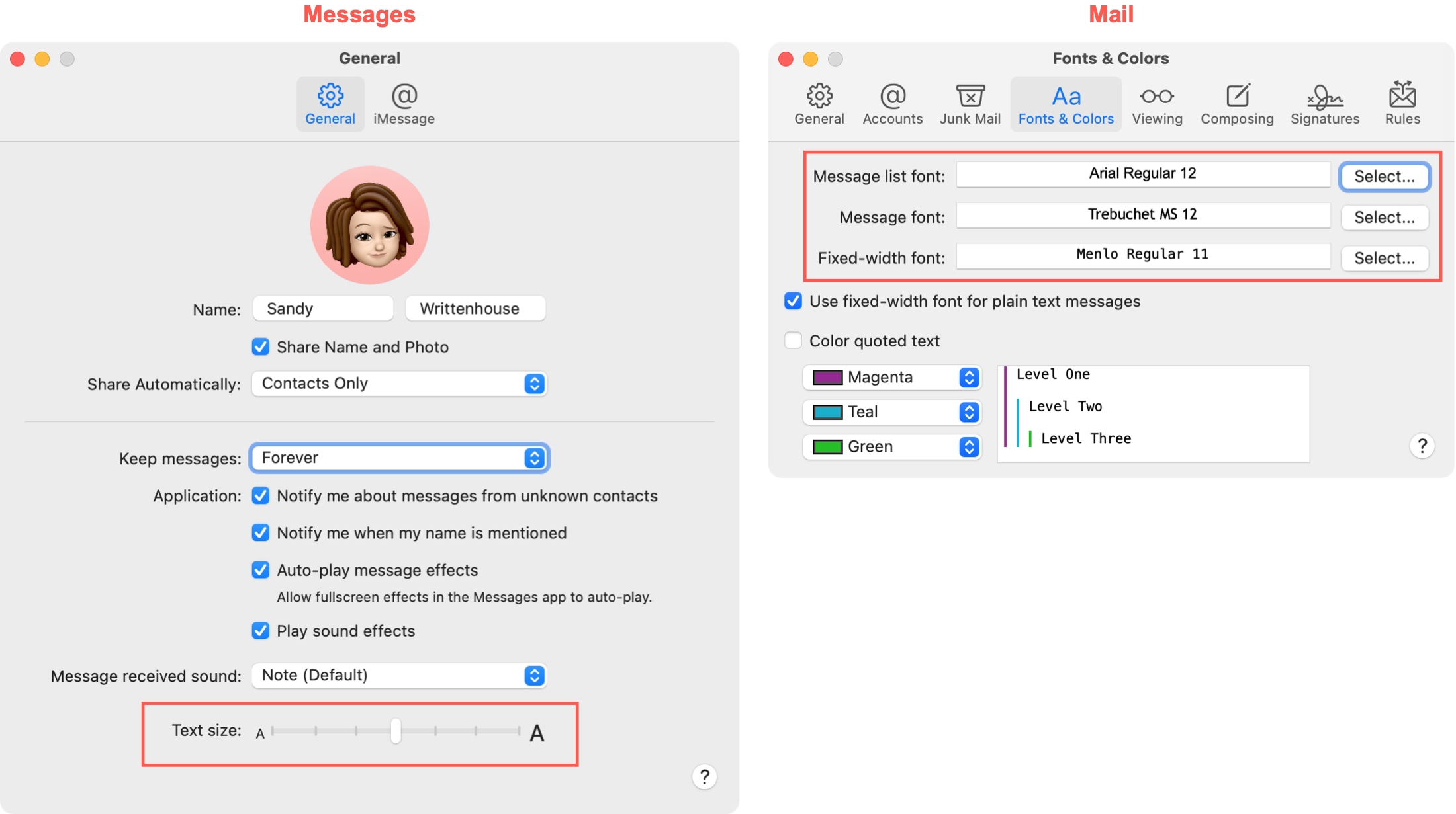 Message Mail Preferences Text Size