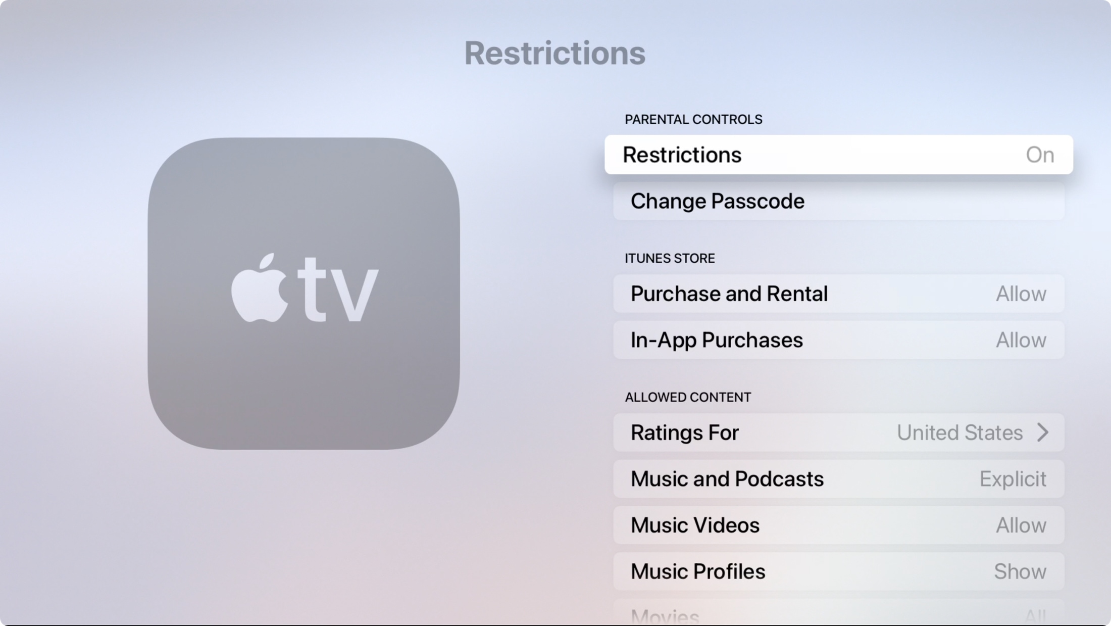Settings General Restrictions Apple TV