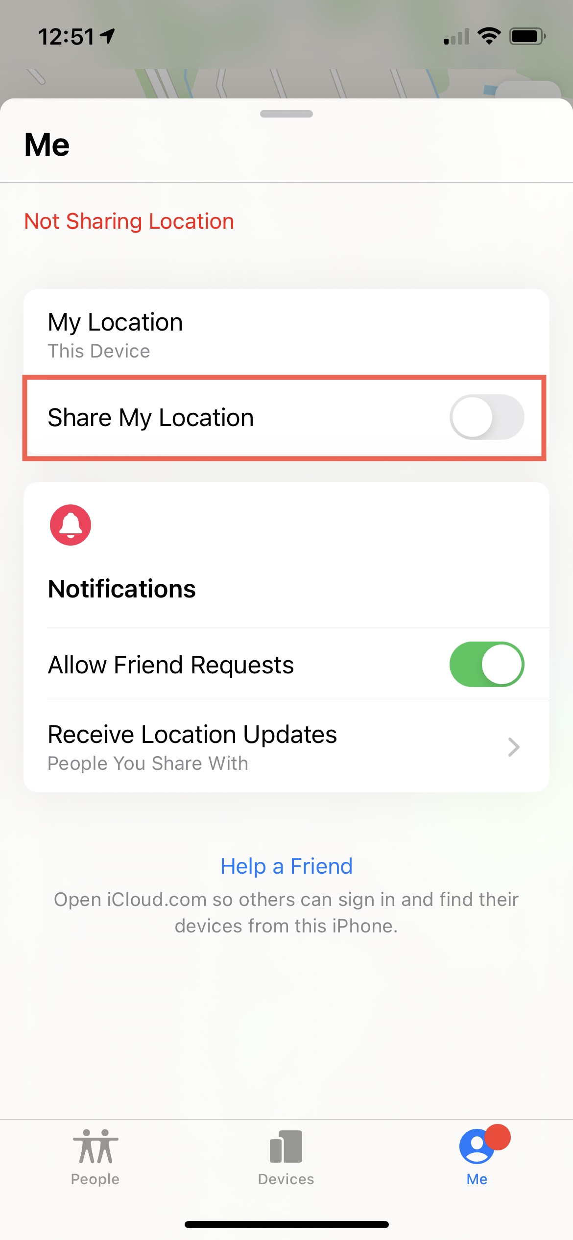 Stop Sharing My Location in Find My Me tab