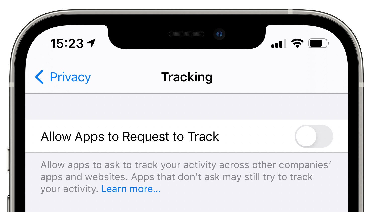 A screenshot of the Settings app in iOS 14.5 showing the option "Allow Apps to Request to Track" as turned off