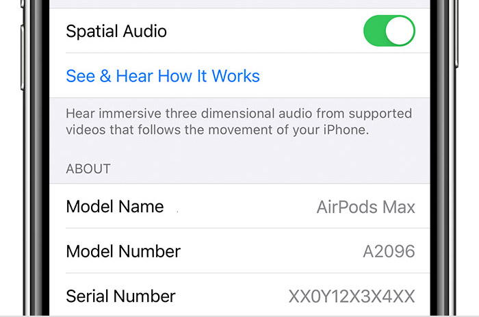 AirPods Max serial number and model number in Bluetooth settings