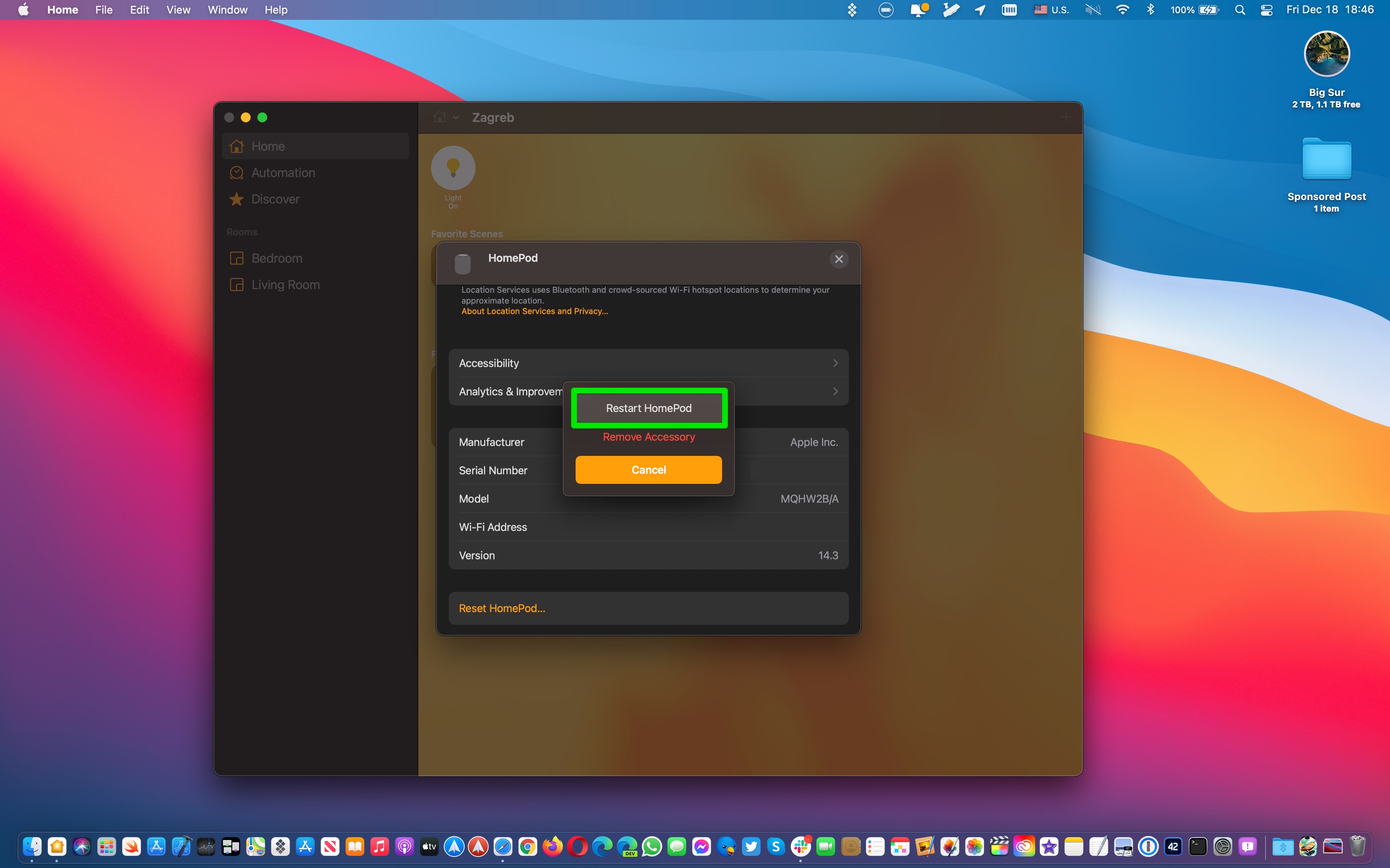 Restart HomePod - a screenshot showing the process in the Home app on the Mac