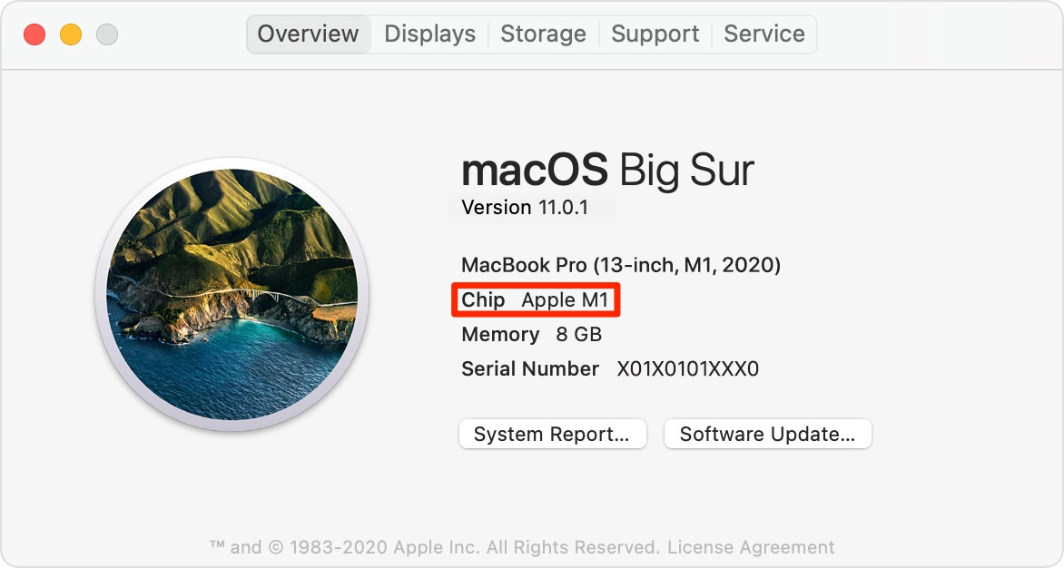identify Apple silicon Macs - About This Mac window showing a 13-inch MacBook Pro model powered by the Apple M1 chip 