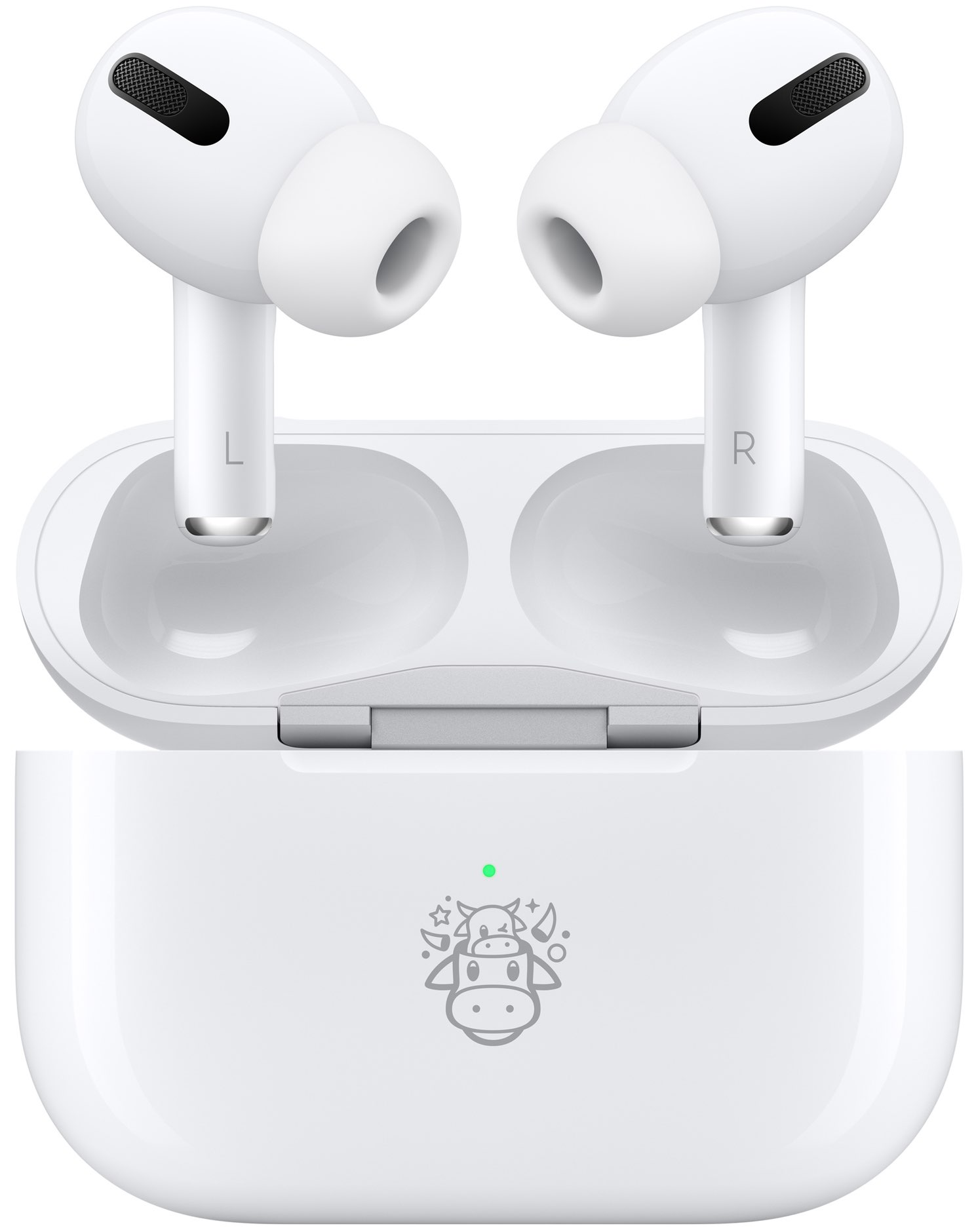 AirPods Pro charge case with a laser engraving and the earbuds suspended mid-air