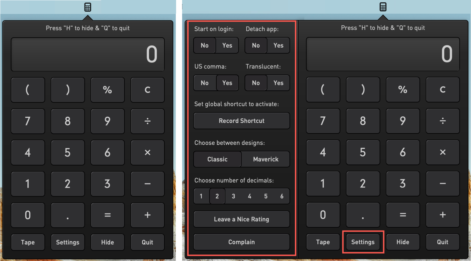 Calculator Pro in the Mac Menu Bar
