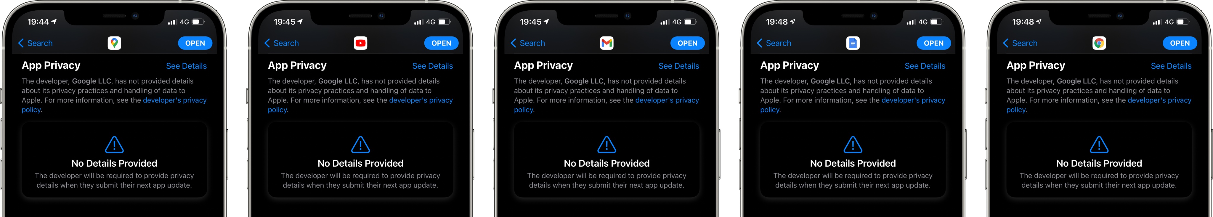 iPhone screenshots showing App Store listings for the Google Maps, YouTube, Gmail, Google Docs and Chrome apps with no information in the App Privacy section