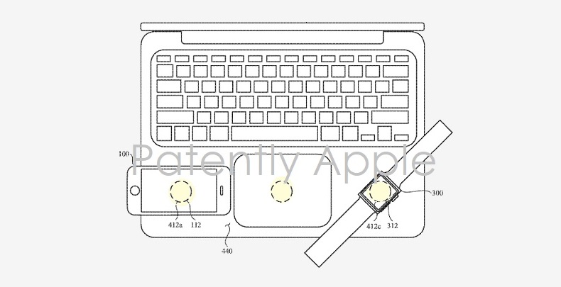 Apple's patent drawing illustration showing resting an Apple Watch on a MacBook Pro’s palm rest to charge the watch off the notebok's battery