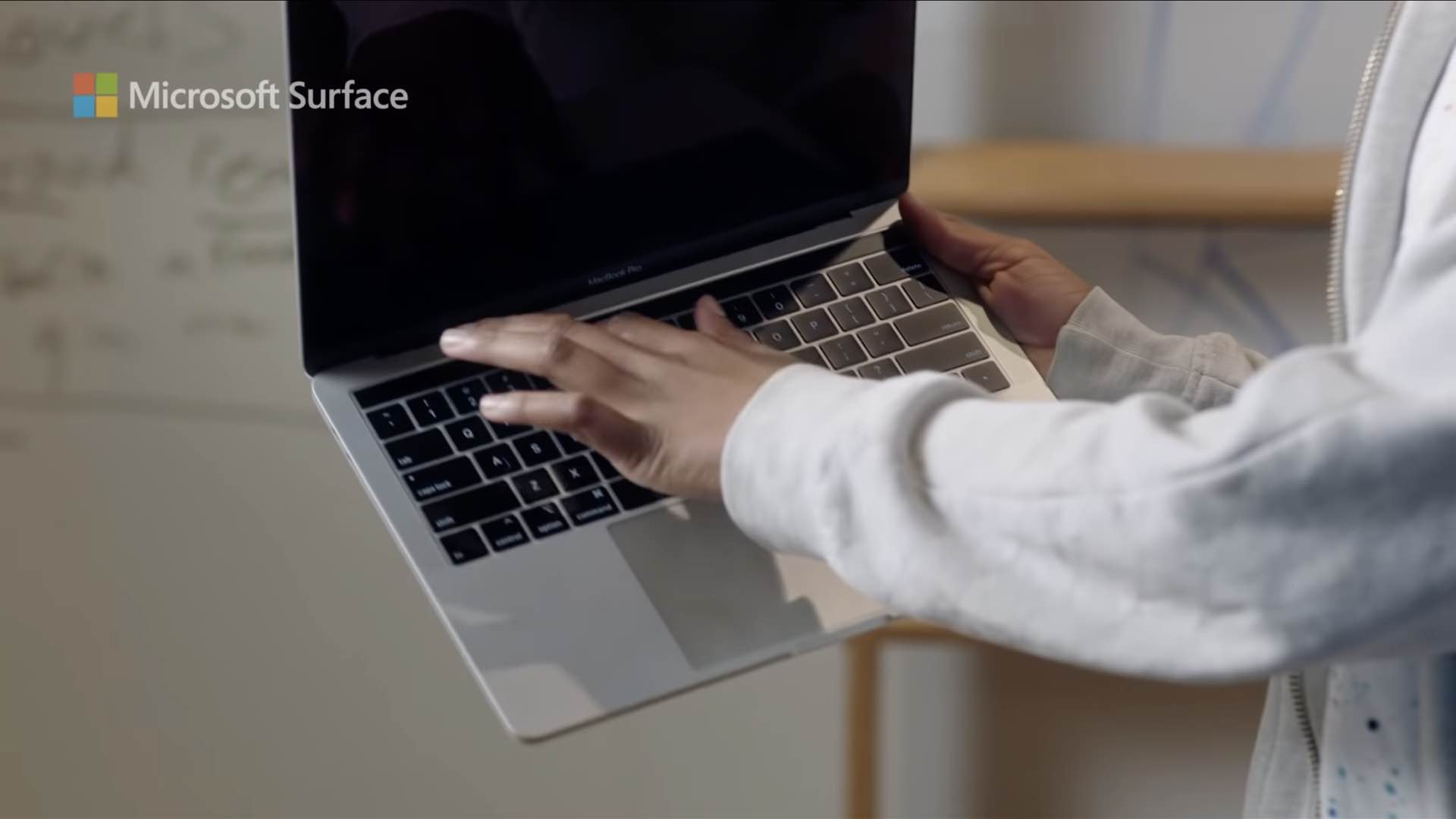 A still from a Microsoft ad comparing the Surface Pro and the MacBook Pro