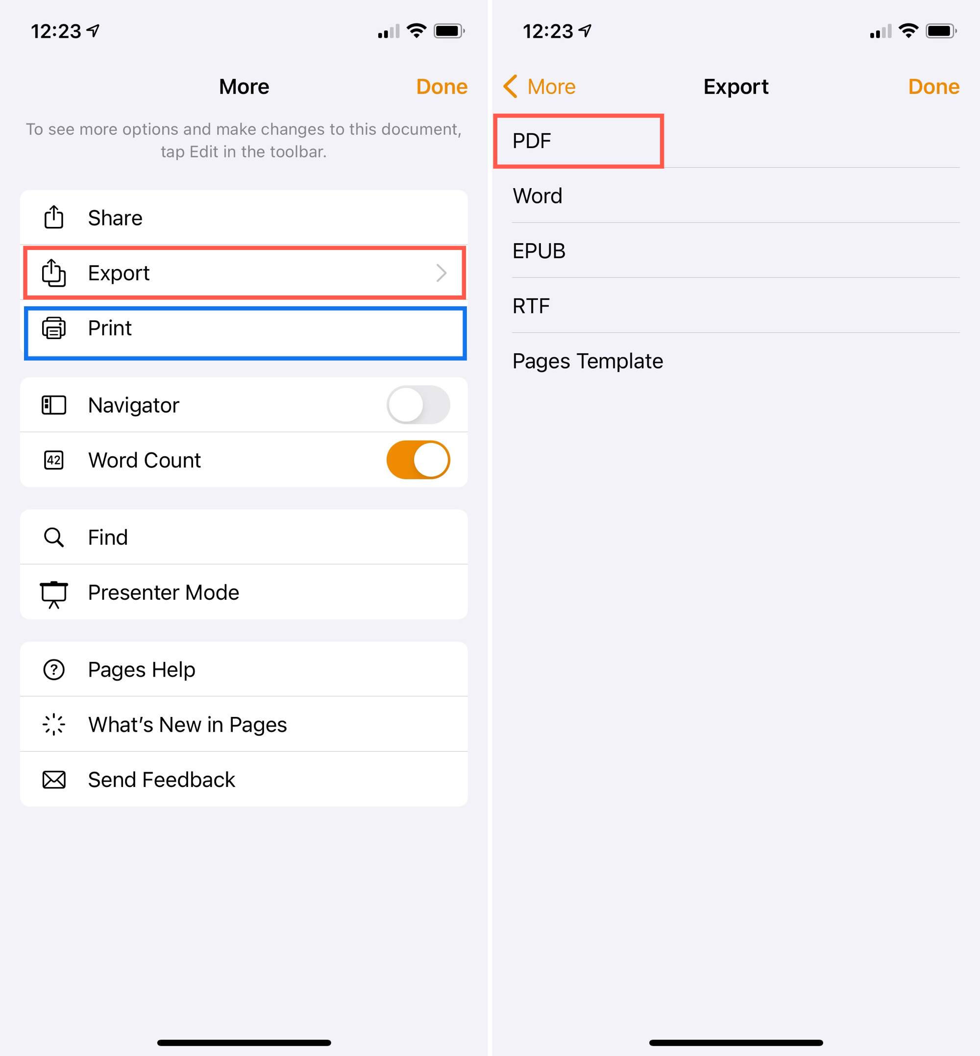 Pages Export PDF or Print on iPhone