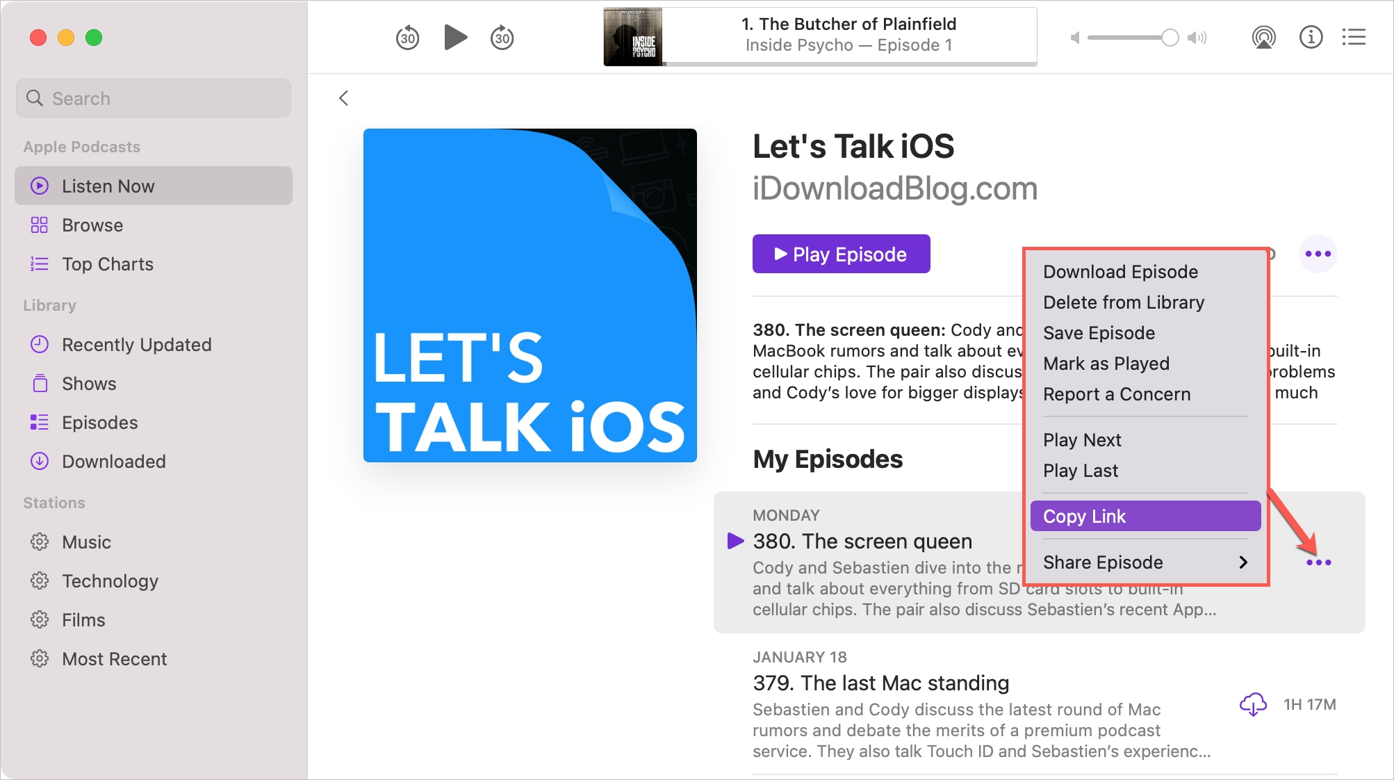 Podcasts on Mac Copy Link