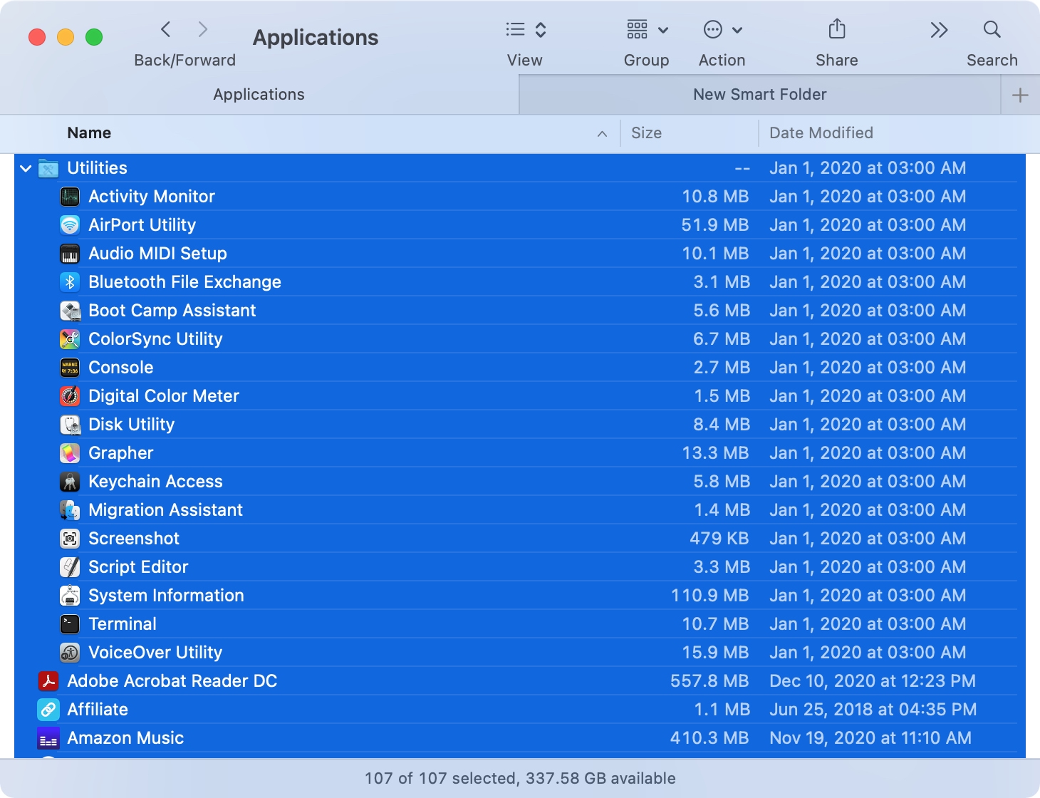 Select All in Applications Folder List View