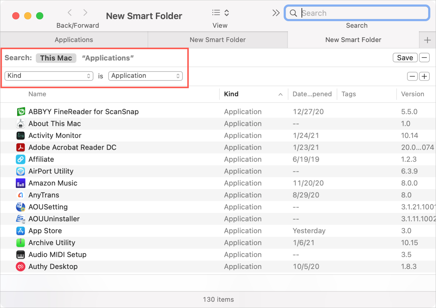 Smart Folder Applications List on Mac