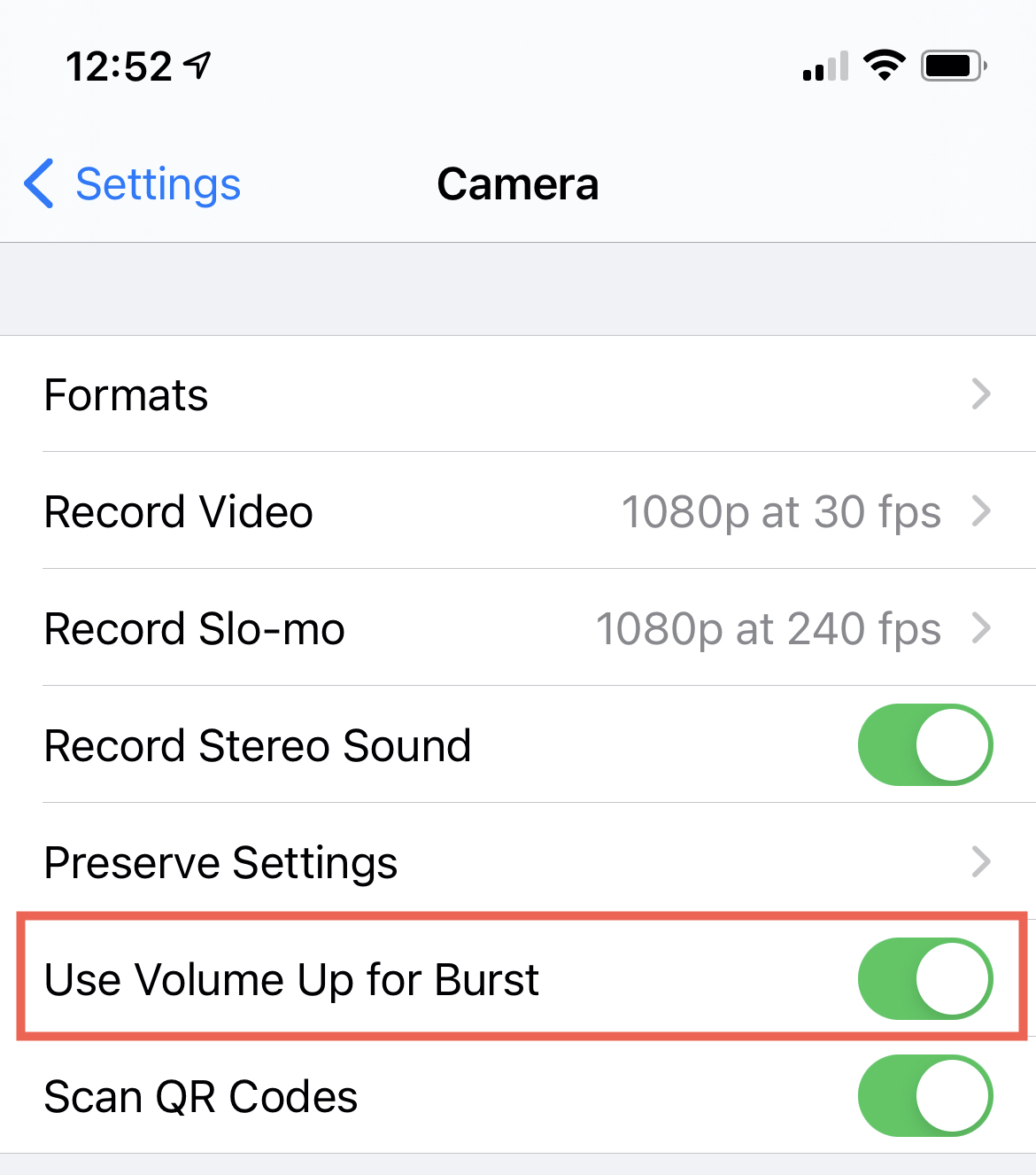 Settings Camera Use Volume Up for Burst
