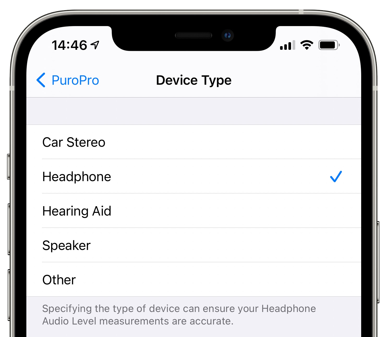 An iPhone screenshot showing classifying a Bluetooth device as a headphone in Settings