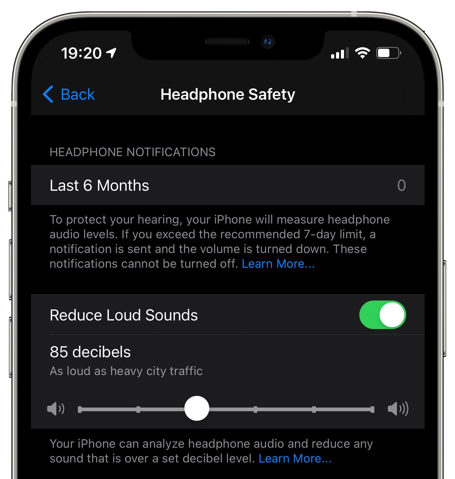 Headphone Safety settings on iPhone with the Reduce Loud Sounds option turned on