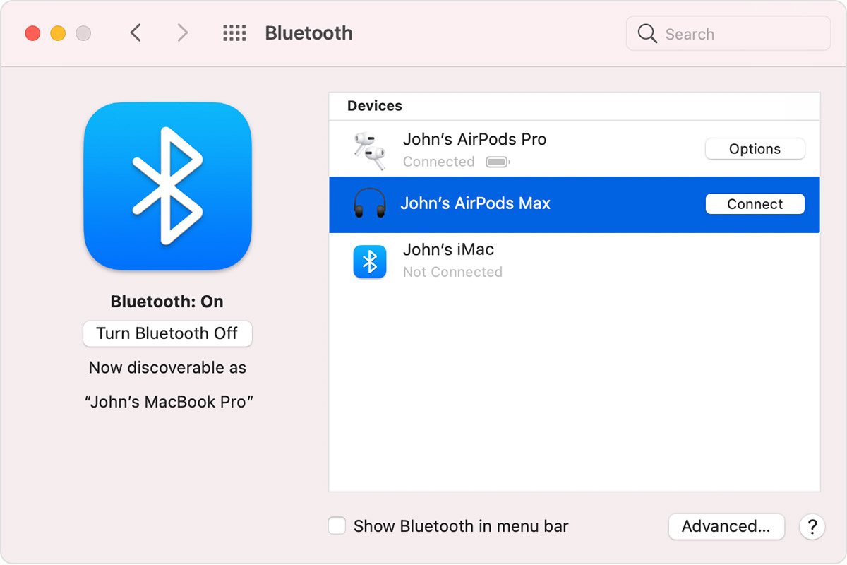 A macOS screenshot showing the Bluetooth preference pane with nearby Bluetooth devices listed in the menu