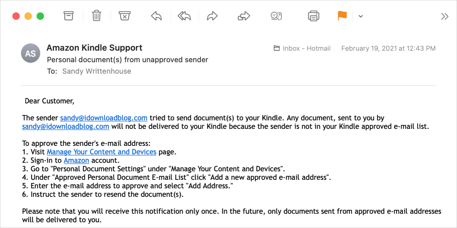 Amazon Kindle Document Support Email