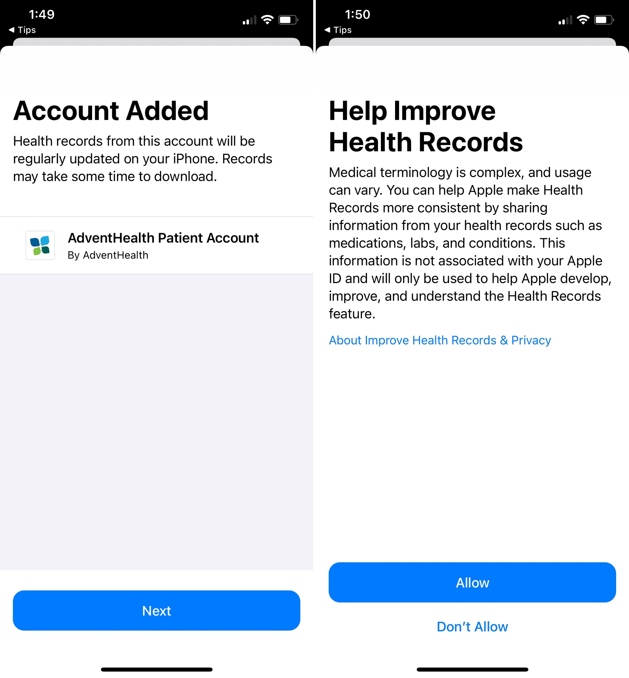 Health Records, Account Added and Help Option on iPhone