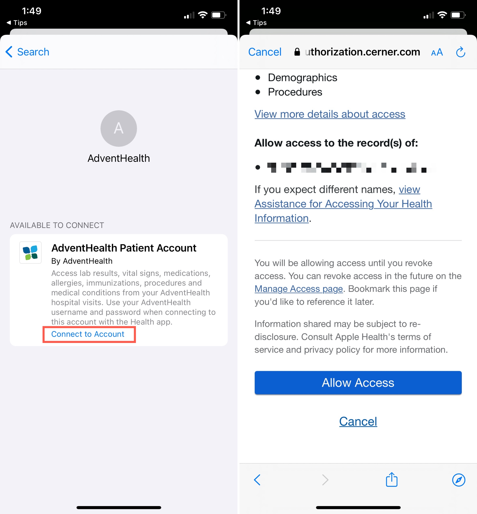 Health Records, Connect and Allow Access on iPhone