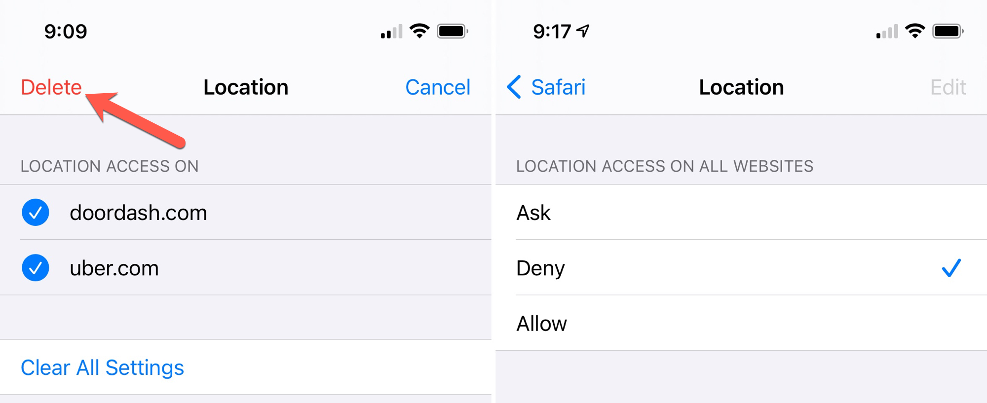Safari Settings for All Websites Location on iPhone