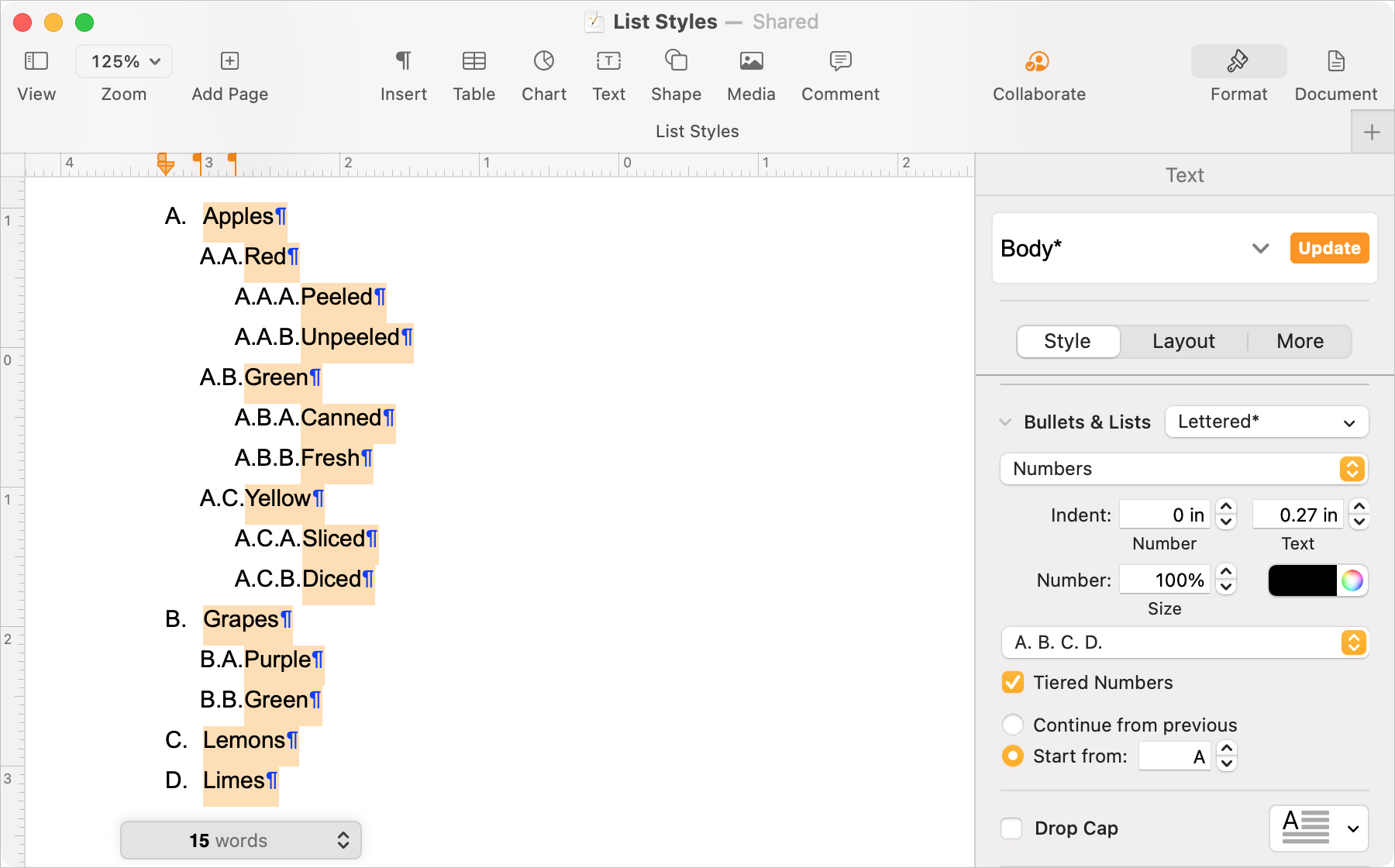 Tiered List in Pages on Mac