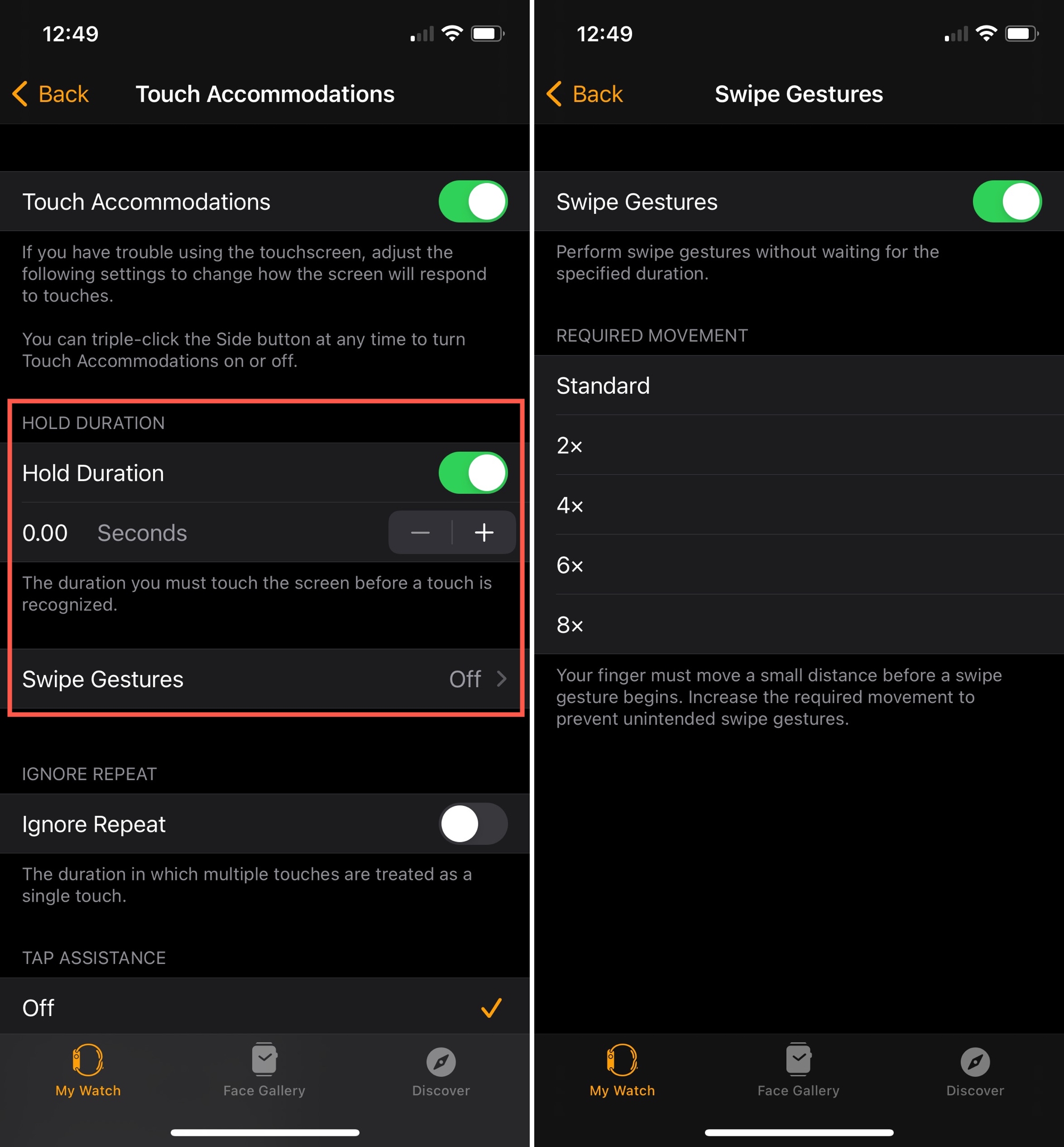 Watch Hold Duration and Swipe Gestures on iPhone