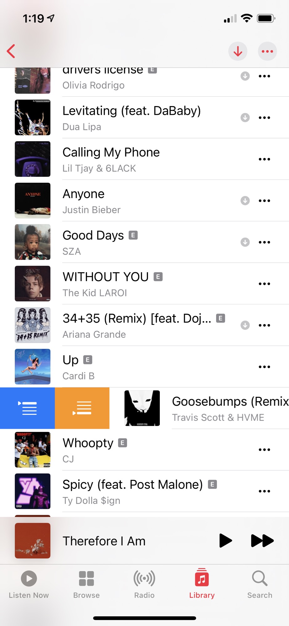 An iPhone screenshot of the Music app in iOS 14.5 showing the new swiping action to add songs to the Up Next queue