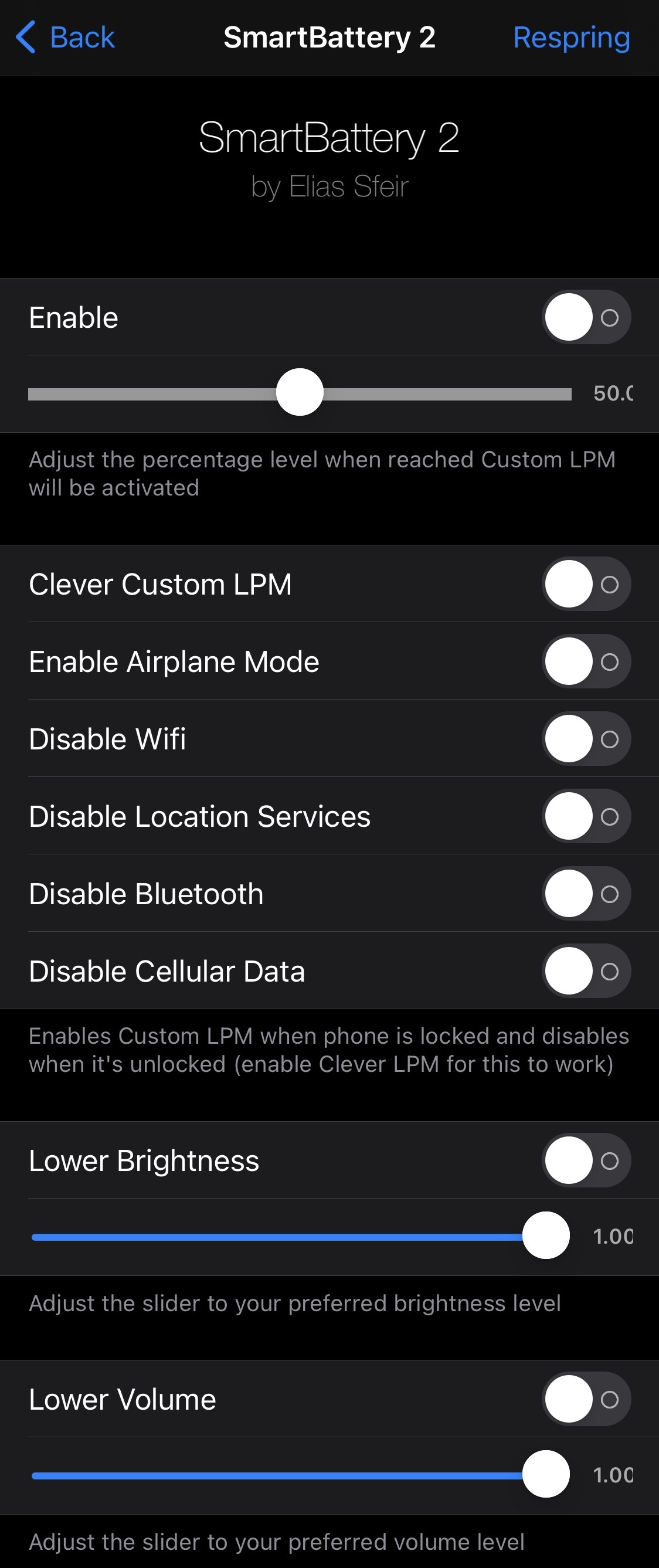 SmartBatteri iOS 15 Custom LPM Preferences Panel.