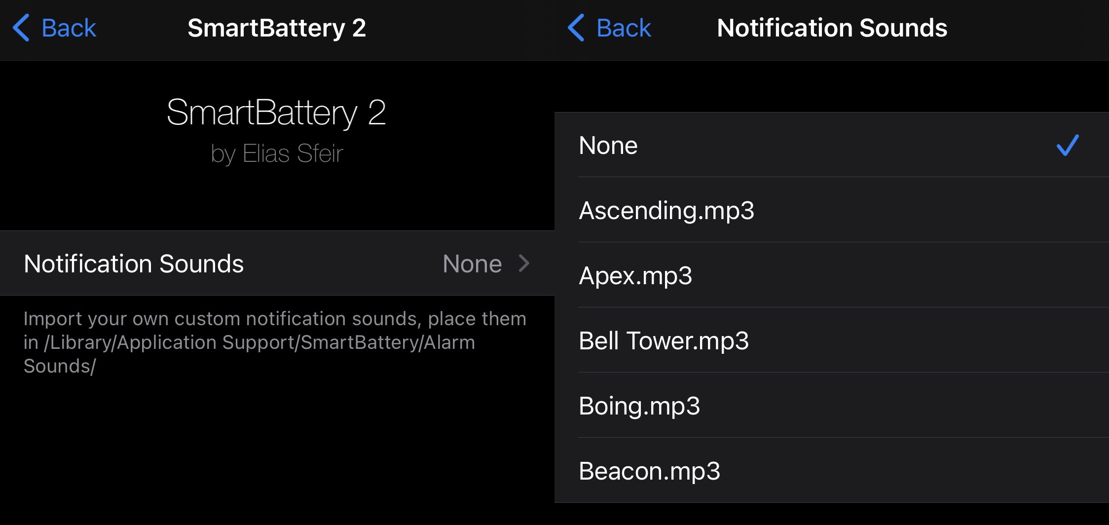 SmartBattery iOS 15 Notification Sounds preference pane.