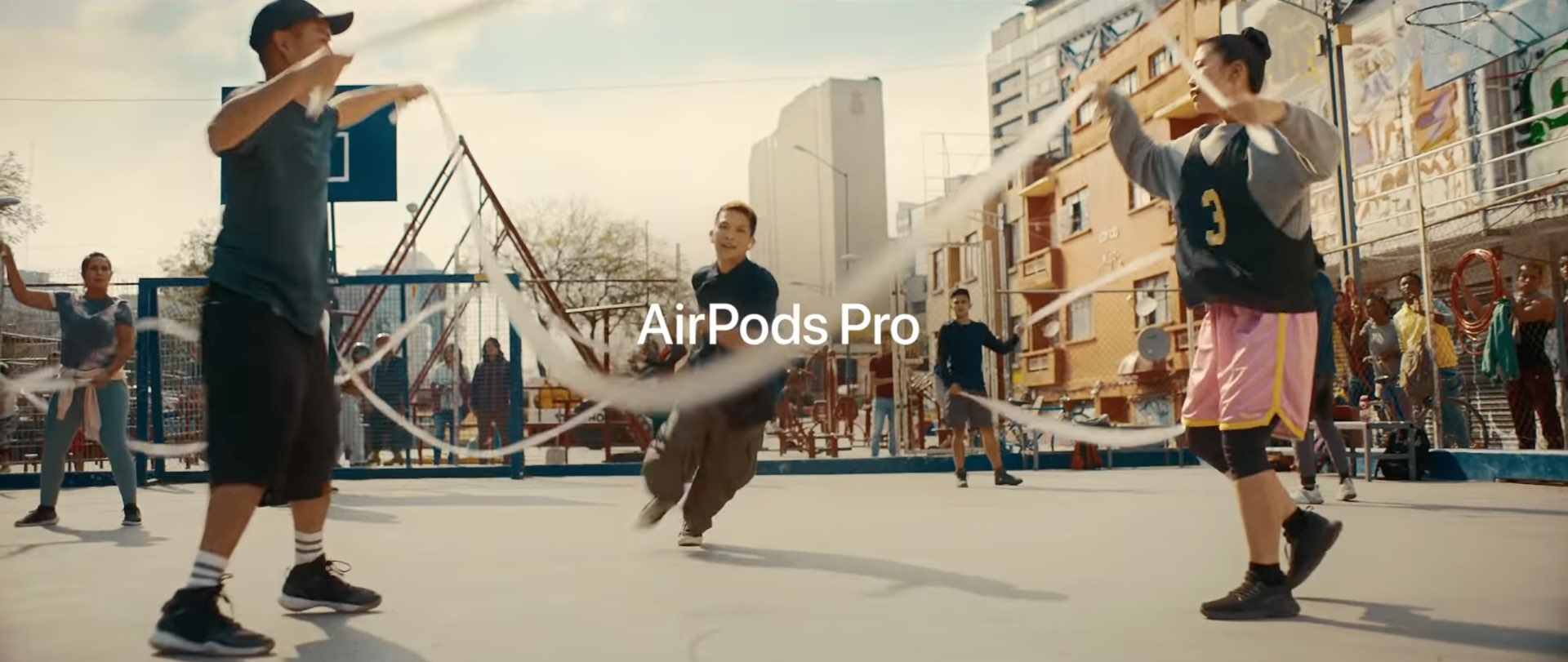 A still from Apple's video advertisement promoting the AirPods Pro earbuds 