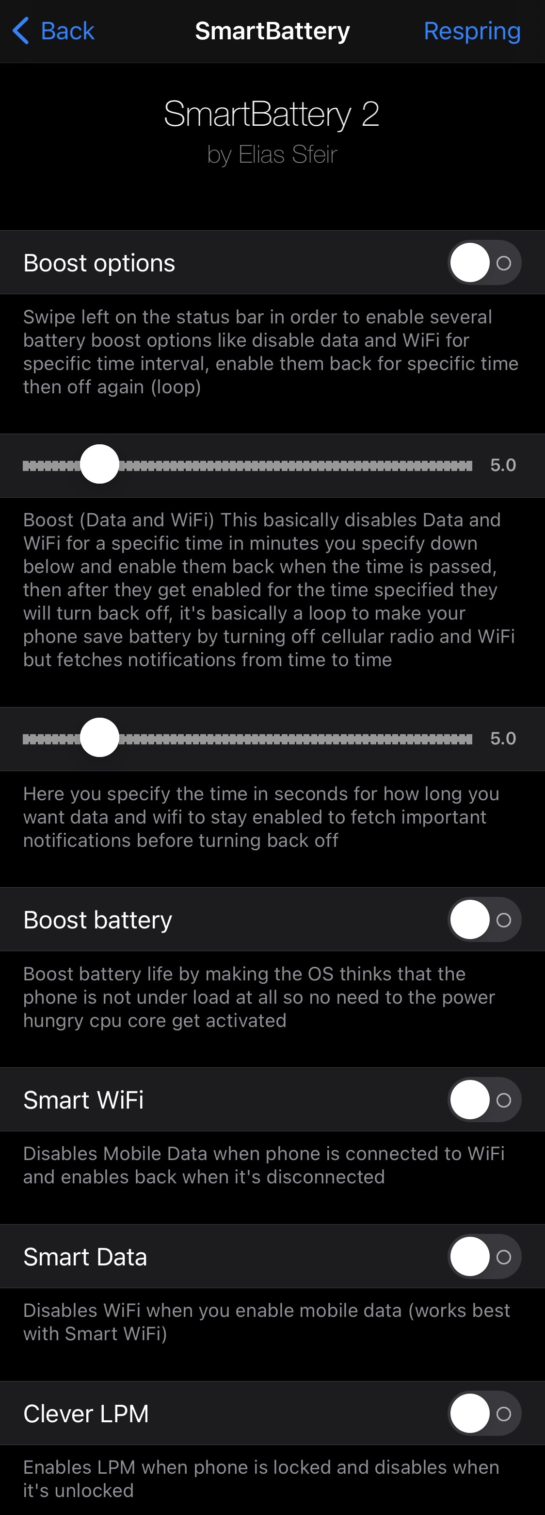 SmartBattery iOS 15 Boost Battery Einstellungsfeld.