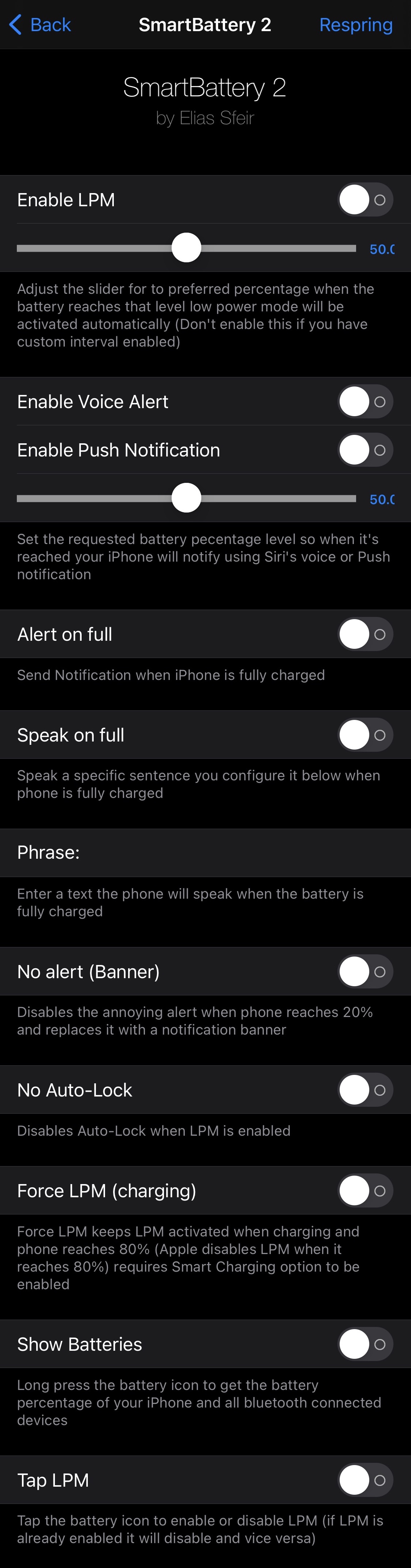 SmartBattery iOS 15 Einstellungsfeld für globale Einstellungen.