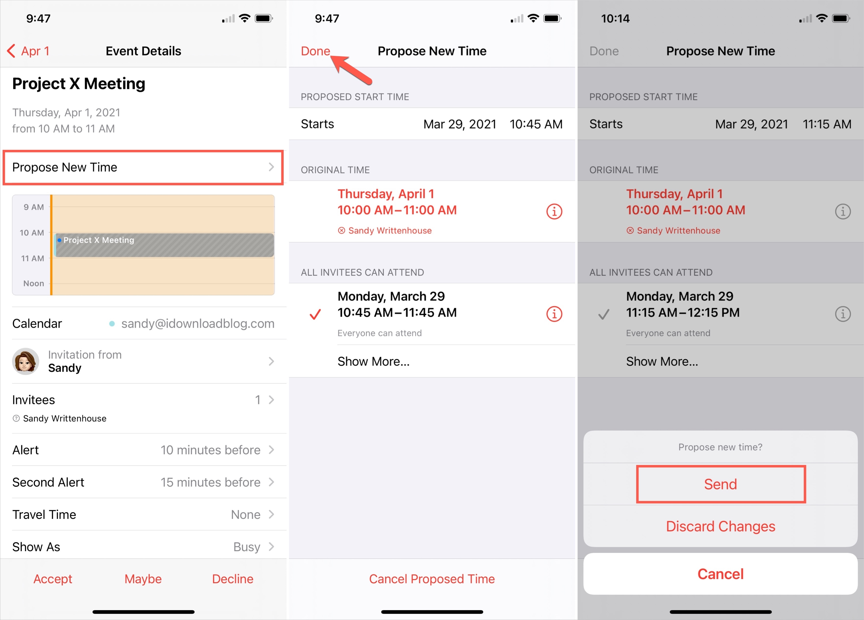 Calendar Event, Propose New Time on iPhone