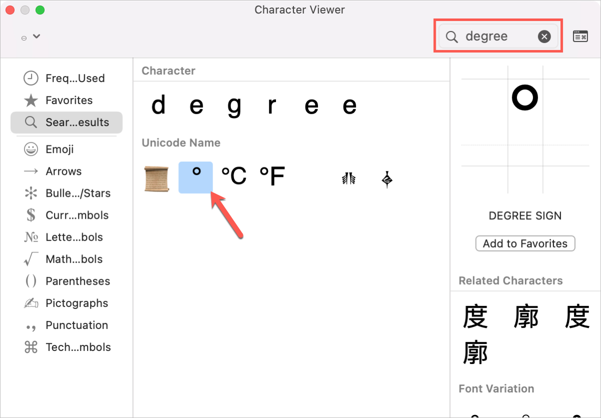Degree Sign in the Character Viewer