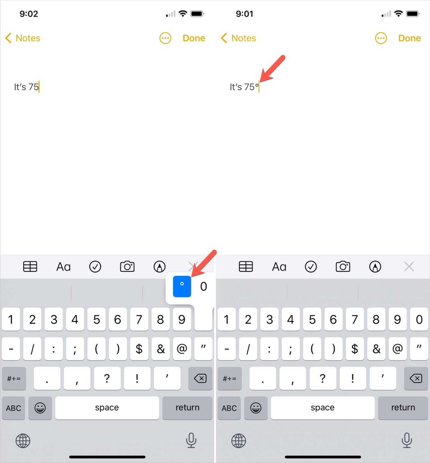 How to type the degree° symbol on iPhone, iPad, and Mac