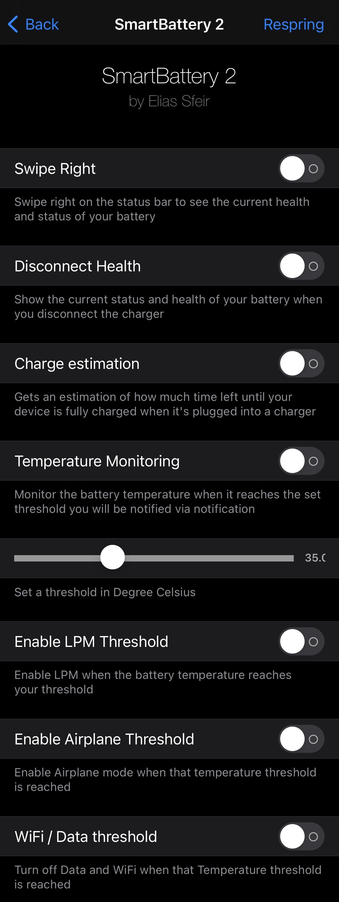 SmartBattery iOS 15-Einstellungen für den Batteriezustand.