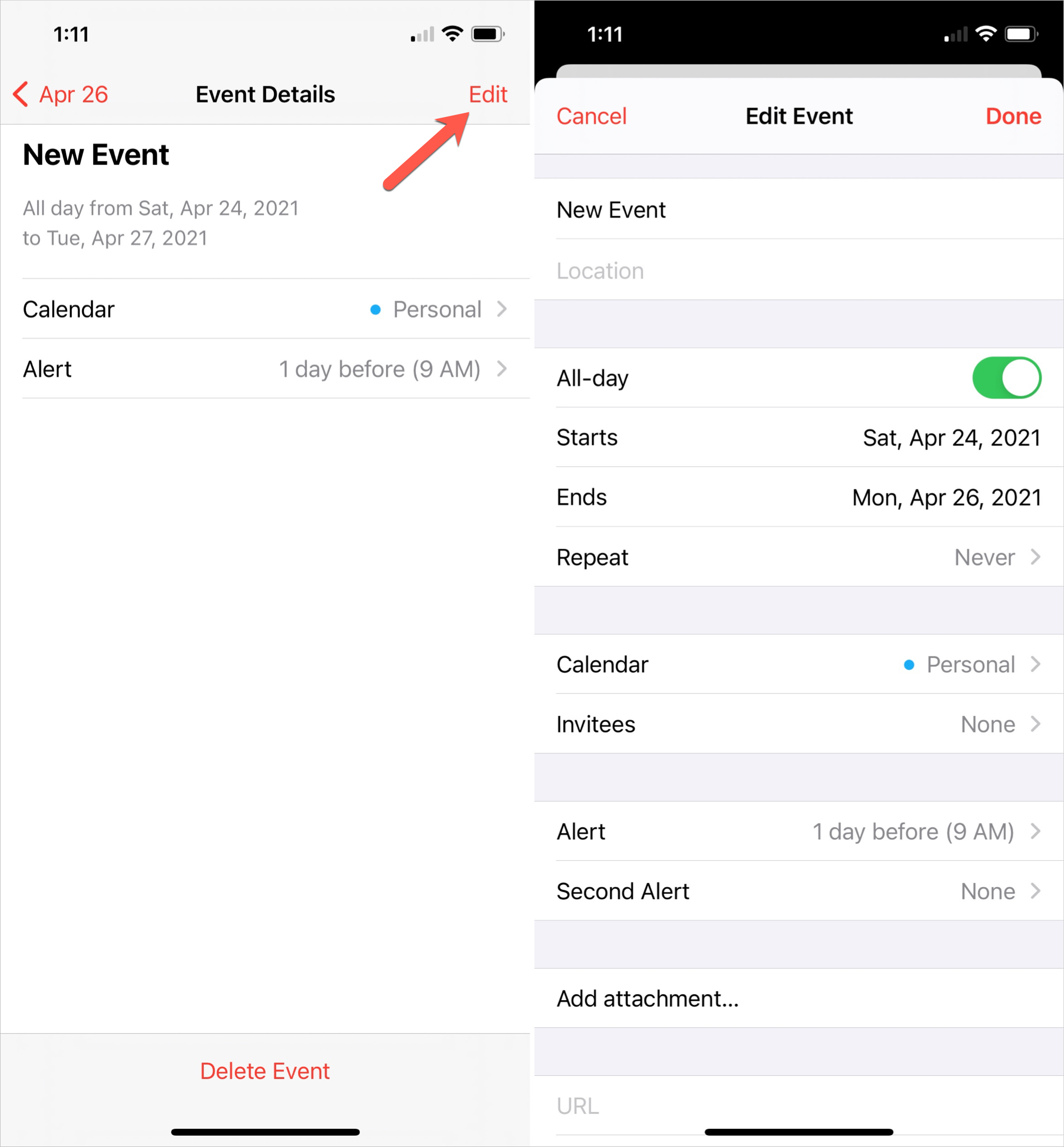Edit a Multi-Day Event on iPhone