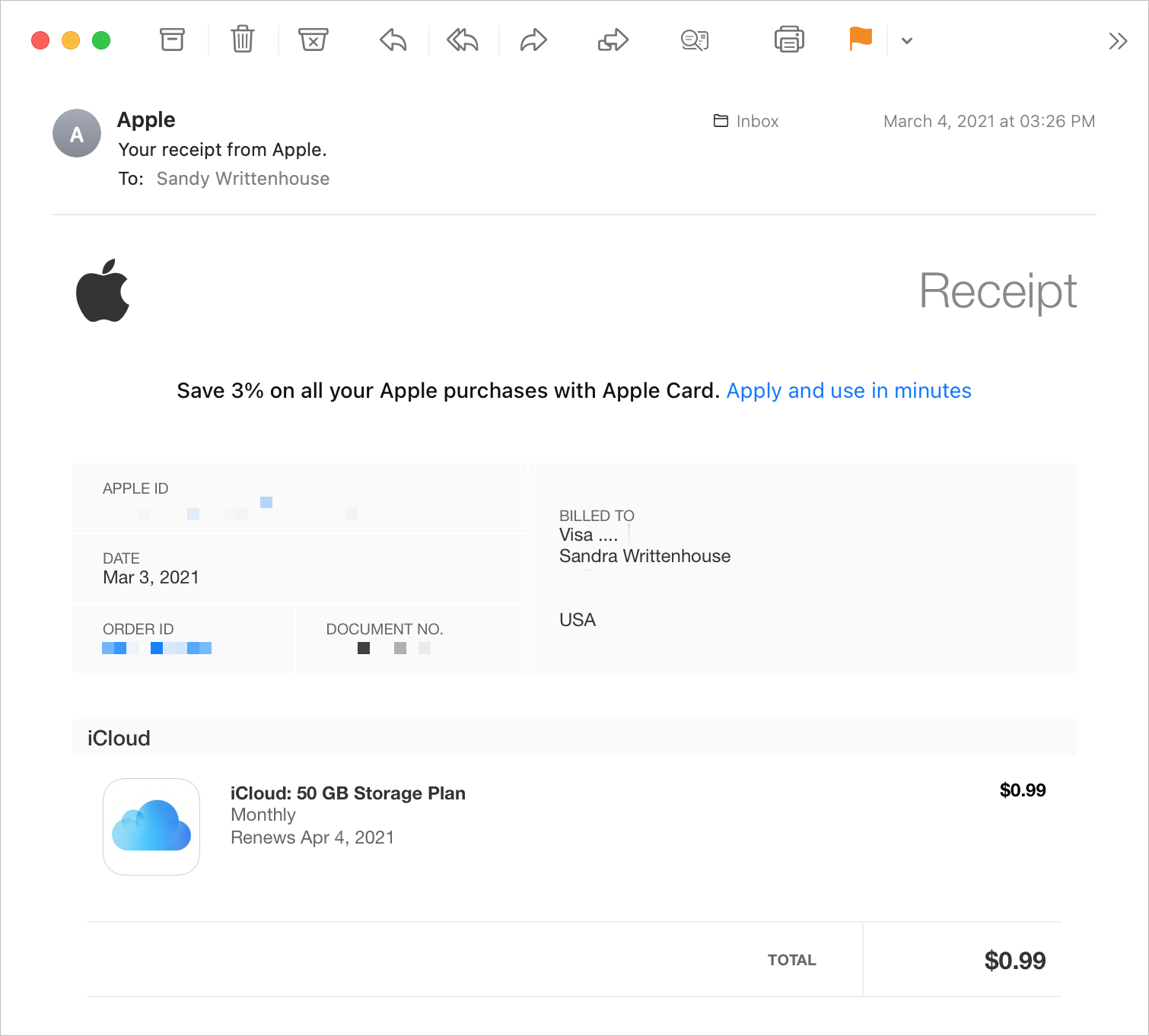 Email Reciept for Apple Purchase