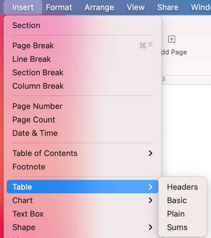 Insert a Table from the Menu Bar in Pages on Mac